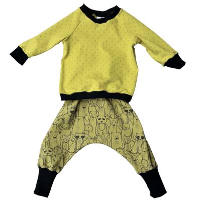 Baby Kombination Set - Pumphose & Pullover -Größe 68/74 Waldtiere senfgelb