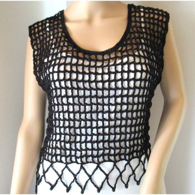 Kurzes Netz-Top mit Perlenkante und Glitzer, Crop Top, Häkeltop, Top, Shirt