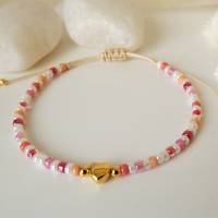 Armband aus kleinen Glasperlen, Herz, weiß rot orange rosa, verstellbar, kleine Geschenke für Frauen Freundin Mädchen Bild 1