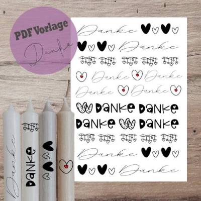 PDF A4 Vorlage "Danke" Kerzentattoo Kerzensticker Kerzen Wasserschiebefolie Download Stabkerze  Sofortdow
