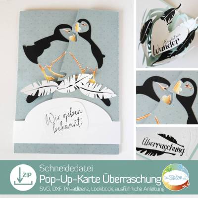 Pop-Up Karte Überraschung, Schneidedatei mit Papageientaucher, Puffin, Plotterdatei für Papier, SVG, inkl. Anleitung