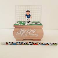 Einschulung Geldgeschenk Junge Fußball blau - weiß Holzbox Bild 1