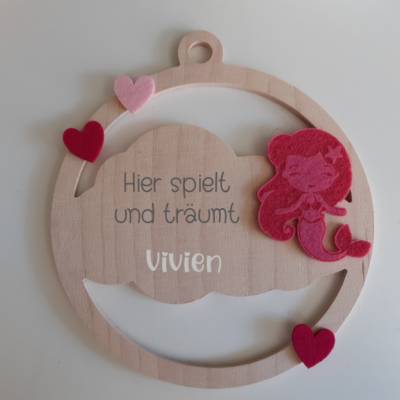 Türschild "Meerjungfrau" fürs Kinderzimmer aus Holz "Hier spielt "/ Wolke / Geschenk zur Geburt oder Tau
