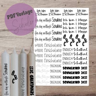 PDF A4 Vorlage "Einschulung" Kerzentattoo Kerzensticker Kerzen Wasserschiebefolie Download Stabkerze