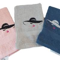 Geschenk-Set Handtuch und Duschtuch bestickt Handmad Frau mit Hut  Nostalgie  NEU Bild 2