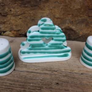 Gmundner Keramik Set Pfeffer Salz Streuer Serviettenhalter grün geflammt 70er 80er Jahre Austria Bild 2