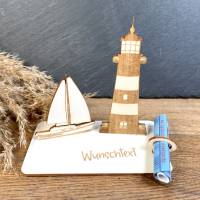 Geldscheinhalter Leuchtturm, Segelboot, Ostsee, Geldgeschenk, Geburtstag, Geschenk, Wunschtext, Personalisierbar Bild 1