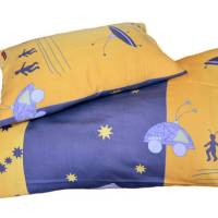 retro Kinderbettwäsche Set in blau und gelb, 100x130cm, 40x60 cm, Weltraummotive, Sterne Ufo, Science Fiction, Bild 1