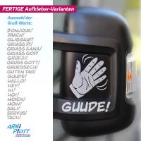 FERTIGER Spiegel-Aufkleber: Winkende Hand mit wählbarem regionalem Gruß-Wort am Wohnmobil, Camper, Transporter Bild 1