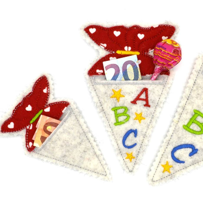 Stickdatei Schulanfang Schultüte mit Schlitz blanko und mit ABC