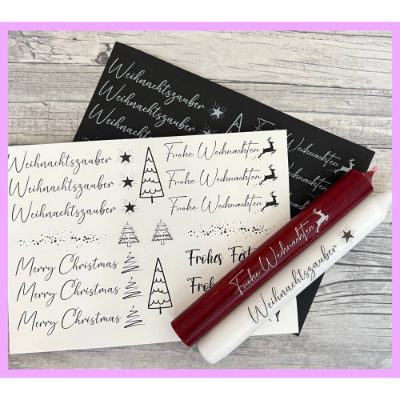 Kerzentattoo WEIHNACHTSZAUBER, weiß o. schwarz, A5, Wasserschiebefolie, Kerzenfolie, Kerzensticker, Weihnachten