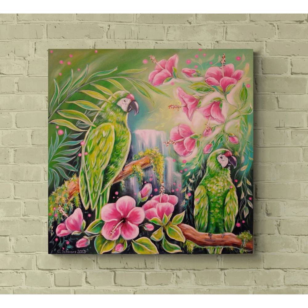 JUNGLE MAGIC - Bild mit grünen Aras und rosa Hibiskusblüten auf