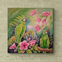 JUNGLE MAGIC - Bild mit grünen Aras und rosa Hibiskusblüten auf Leinwand 80cmx80cm Bild 1