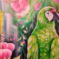 JUNGLE MAGIC - Bild mit grünen Aras und rosa Hibiskusblüten auf Leinwand 80cmx80cm Bild 10