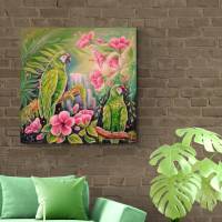 JUNGLE MAGIC - Bild mit grünen Aras und rosa Hibiskusblüten auf Leinwand 80cmx80cm Bild 2