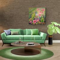 JUNGLE MAGIC - Bild mit grünen Aras und rosa Hibiskusblüten auf Leinwand 80cmx80cm Bild 3