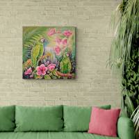JUNGLE MAGIC - Bild mit grünen Aras und rosa Hibiskusblüten auf Leinwand 80cmx80cm Bild 4
