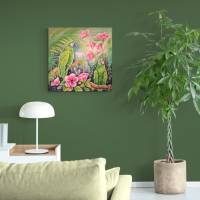 JUNGLE MAGIC - Bild mit grünen Aras und rosa Hibiskusblüten auf Leinwand 80cmx80cm Bild 6