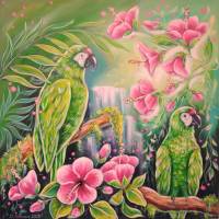 JUNGLE MAGIC - Bild mit grünen Aras und rosa Hibiskusblüten auf Leinwand 80cmx80cm Bild 7