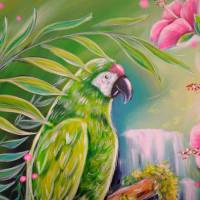 JUNGLE MAGIC - Bild mit grünen Aras und rosa Hibiskusblüten auf Leinwand 80cmx80cm Bild 8