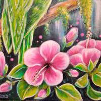 JUNGLE MAGIC - Bild mit grünen Aras und rosa Hibiskusblüten auf Leinwand 80cmx80cm Bild 9