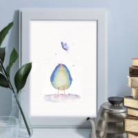 Birdies, kleiner Vogel & Schmetterling Poster Print Wanddeko Kinderzimmer Wandbild Aquarell handgemalt günstig kaufen Bild 1