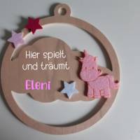 Türschild "Einhorn" fürs Kinderzimmer aus Holz "Hier spielt "/ Wolke / Geschenk zur Geburt oder Taufgesc Bild 1