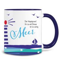 Maritime Tasse mit Spruch "Der Hauptgrund für zu viel Stress ist zu wenig Meer", Keramiktasse blau Bild 2