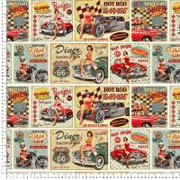 Dekostoff mit 1950er USA Motiven: Route 66 / Cars / Diner / Pin-up-Girls, 140 cm breit, Meterware, Preis pro 0,5 lfdm Bild 1