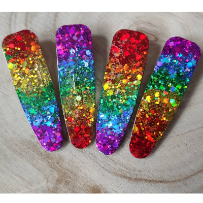 Regenbogen haarspange aus epoxid Harz und Hologlitzer 