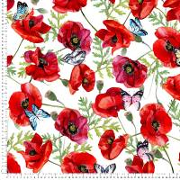 Dekostoff "Papoila", rote Mohnblumen + Schmetterlinge, 140 cm breit, Meterware, Preis pro 0,5 lfdm Bild 1