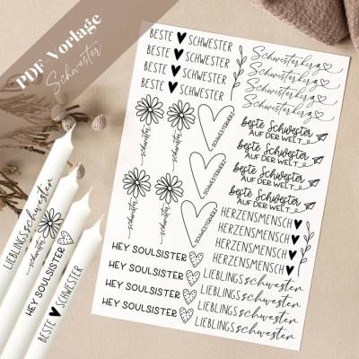 PDF Vorlage "Schwester" Kerzentattoo Kerzensticker Kerzen Gestalten Schwester Schwesterherz Weltbeste Schwester