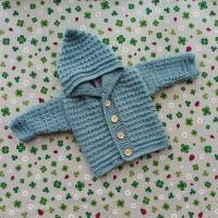 Strickjacke mit Kapuze  blaugrün Strickjacke Babyjacke Geschenk Geburt Taufe Unisex Babyshower Babykleidung Pullover Bild 2