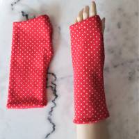 Armstulpen Stulpen gefüttert Handschuhe Pulswärmer Rot Weiß Punkte Rockabilly Handstulpen Jersey Fleece Bild 1