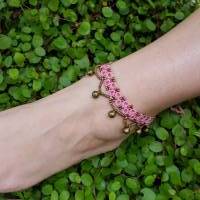 Fußkettchen Rosa mit Glöckchen Glasperlen Antikbronze Fußschmuck Bild 1