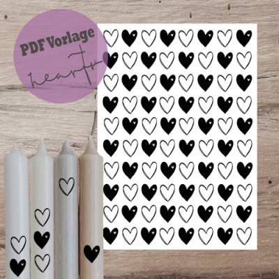 PDF A4 Vorlage "Herzen" Kerzentattoo Kerzensticker Kerzen Wasserschiebefolie Download Stabkerze