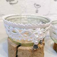 2 Stck. Teelichtglas Naschi Glas häkeln mit Häkelborte weiß Bild 5