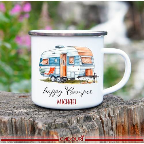 Emaille Tasse Camping HAPPY CAMPER - personalisiert - Watercolor Motiv 1, Campingbecher, Geschenk für Camper