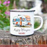 Emaille Tasse Camping HAPPY CAMPER - personalisiert - Watercolor Motiv 1, Campingbecher, Geschenk für Camper Bild 1