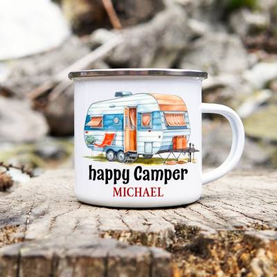 Camping Emaille Tasse HAPPY CAMPER mit Namen - Motiv 1, Campingbecher, Geschenk für Camper