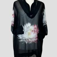 Damen Tunika Kleid Chiffon Schwarz Großes Blumen Motiv Bild 1