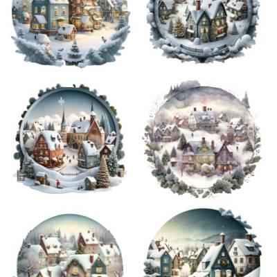 Reispapier - Motiv Strohseide - A4 - Decoupage - Vintage - Shabby - Nordisches Winter Dorf - Weihnachten - 19794