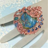 Ring Lampwork pastell blau mit Achat handgemacht in wirework rosa crazy Handschmuck Bild 1