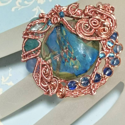 Ring Lampwork pastell blau mit Achat handgemacht in wirework rosa crazy Handschmuck