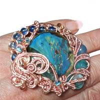 Ring Lampwork pastell blau mit Achat handgemacht in wirework rosa crazy Handschmuck Bild 3