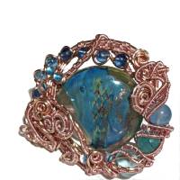 Ring Lampwork pastell blau mit Achat handgemacht in wirework rosa crazy Handschmuck Bild 4