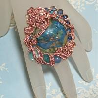 Ring Lampwork pastell blau mit Achat handgemacht in wirework rosa crazy Handschmuck Bild 6