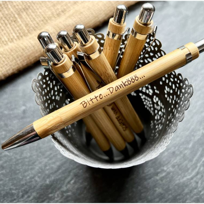 Bitte... Dankööö... gravierter Kuli - Kugelschreiber mit Gravur, Kuli graviert, aus Bambus, Kuli mit lustigen Text