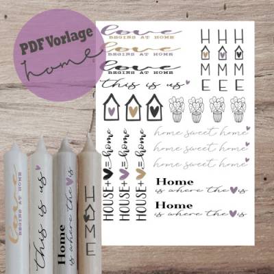 PDF A4 Vorlage "home" Kerzentattoo Kerzensticker Kerzen Wasserschiebefolie Download Stabkerze