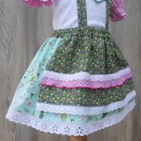 Trachtiges Brautmädchenkleid in mint- und grün-gemustert, Taufkleid mit pink-karierten Puffärmeln Bild 2
